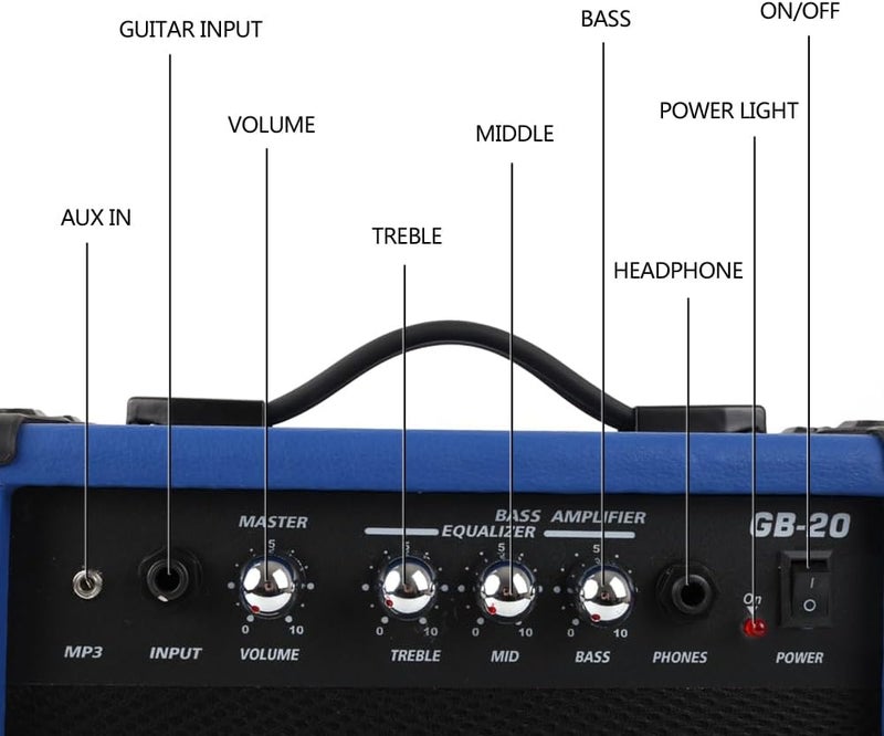demusea 20W Watt Dark Blue Electric Bass Guitar Amplifier Portable Travel Mini Practice Amp Headphone Jack Aux Treble Middle Bass Mp3 with Cable Adapter Guitar Picks in - Image 4